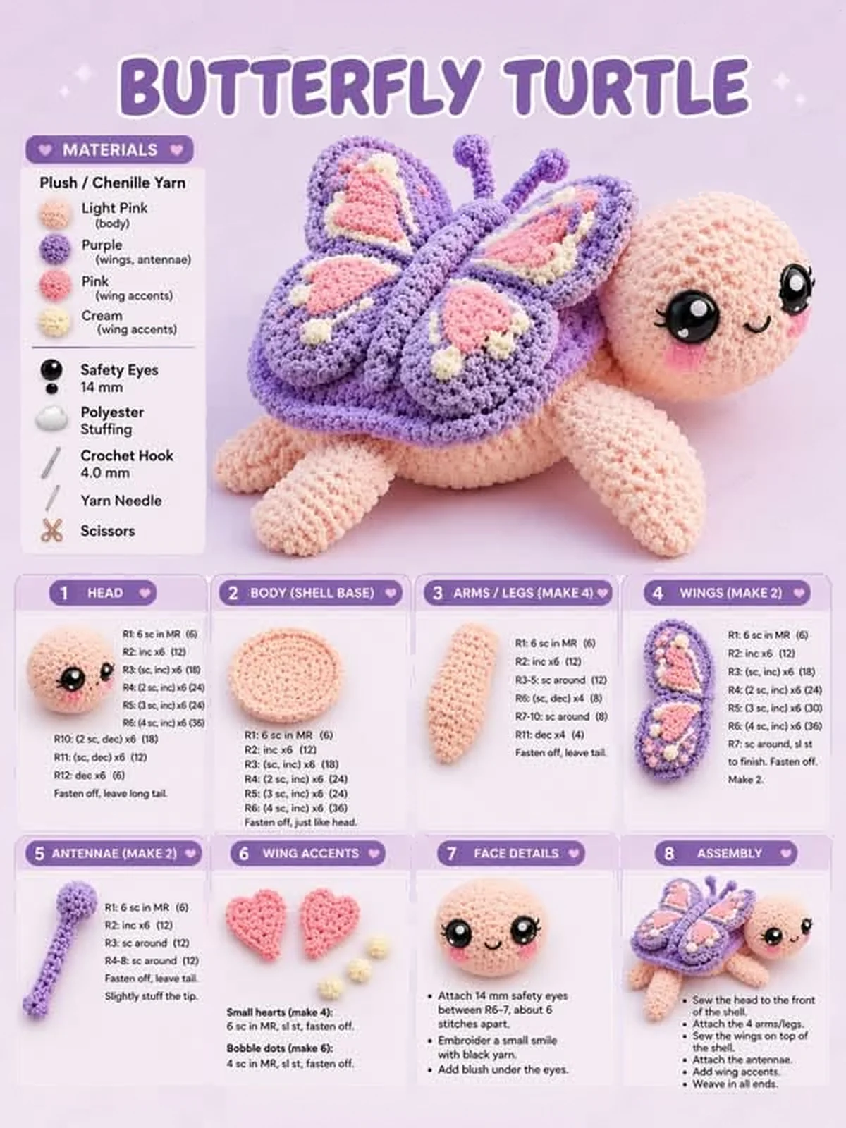 An AI crochet pattern as it is shared: a picture of a plush butterfly turtle with a domed purple shell and butterfly wings, a materials list and eight boxes of rounds