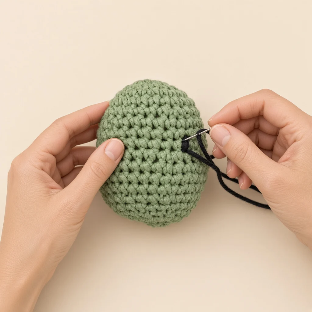 A yarn needle coming up through a crochet surface where a line will start