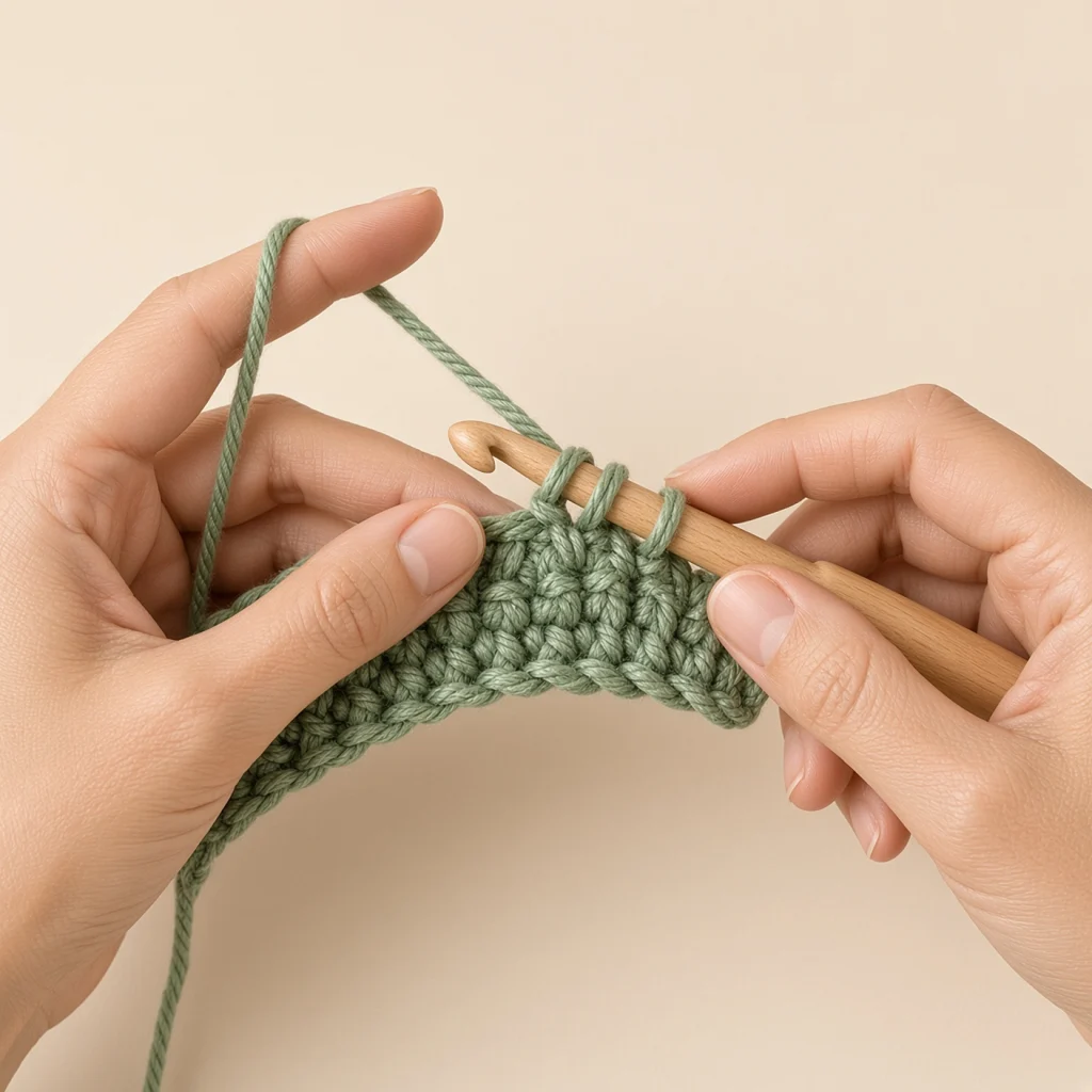 A crochet hook through the front loops of two stitches, three loops on the hook