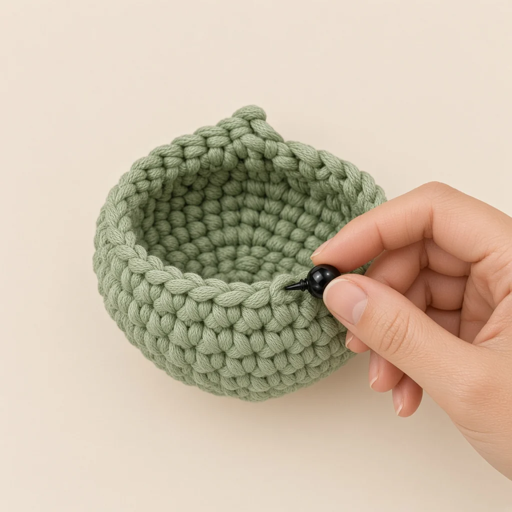 The post of a black safety eye pushed through a gap between crochet stitches