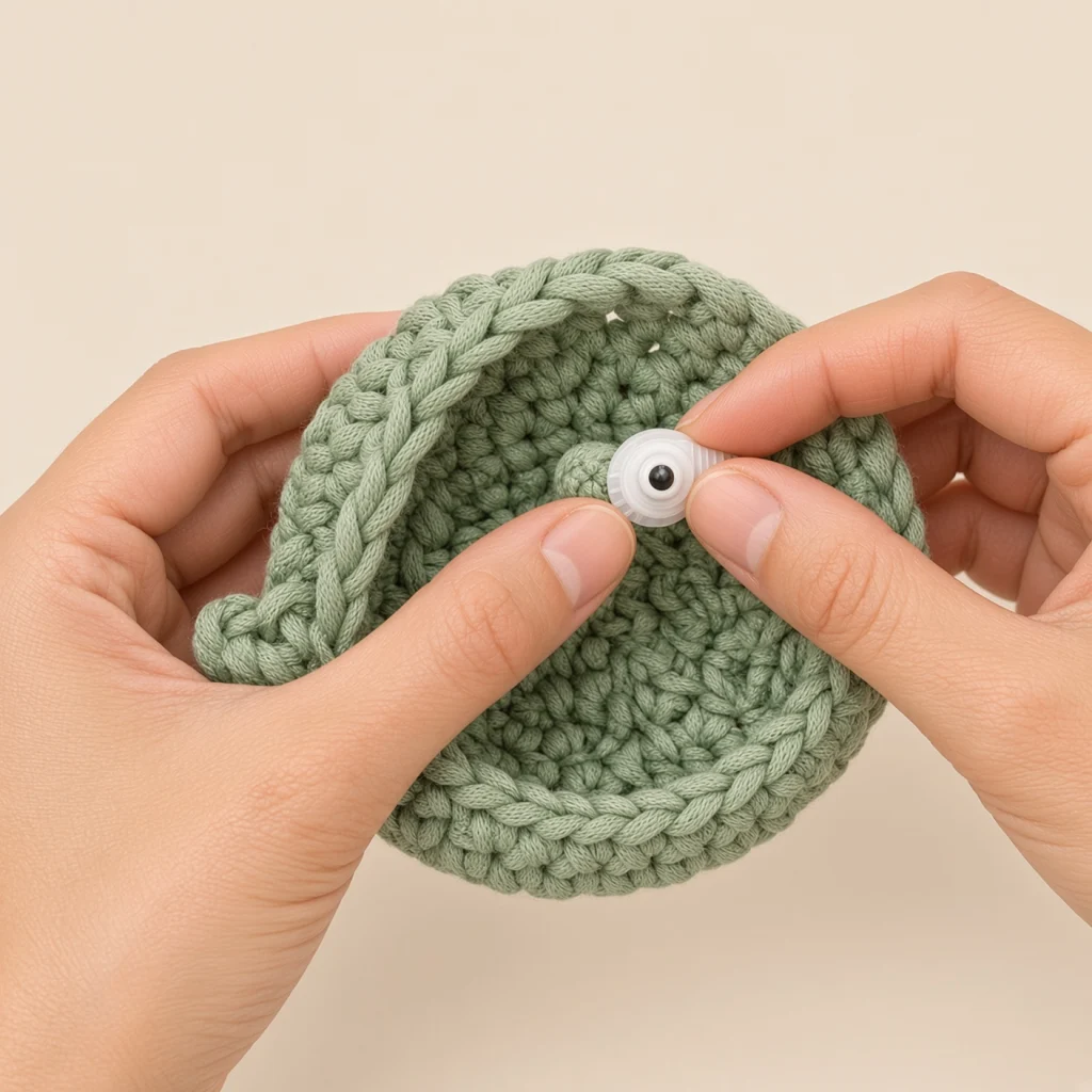 Fingers pressing a safety eye washer onto its post inside a crochet head