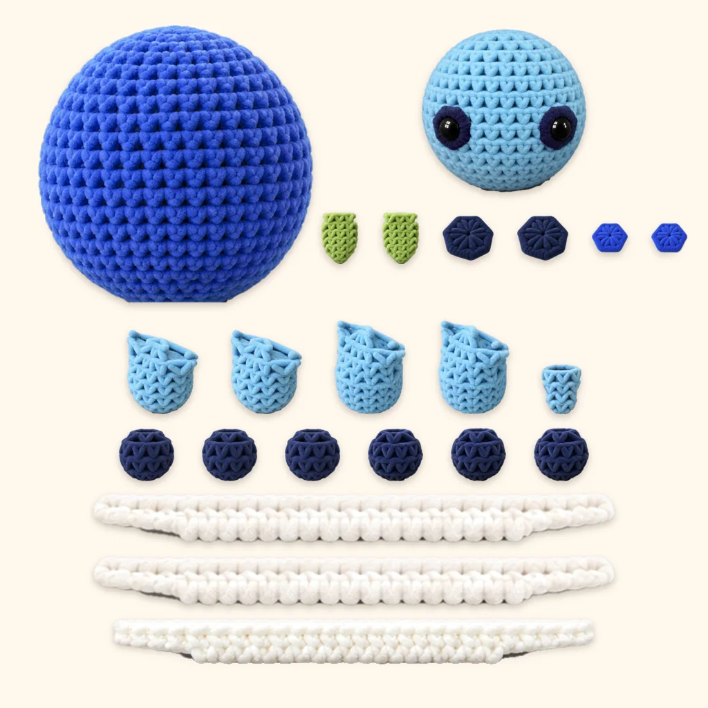 All the crocheted pieces of the Blueberry turtle amigurumi, laid out