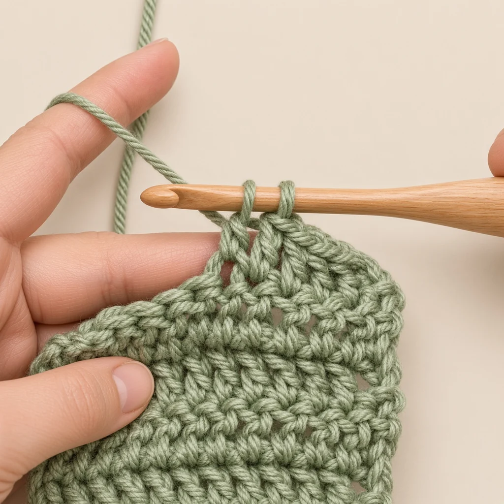 The last stitch in the old color stopped with two loops on the crochet hook