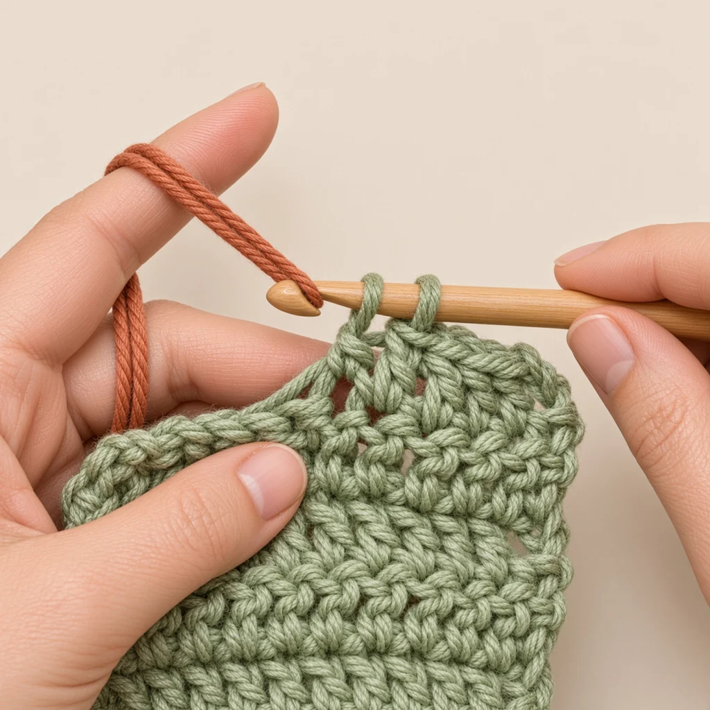 Yarning over with the new color, two loops of the old color still on the hook