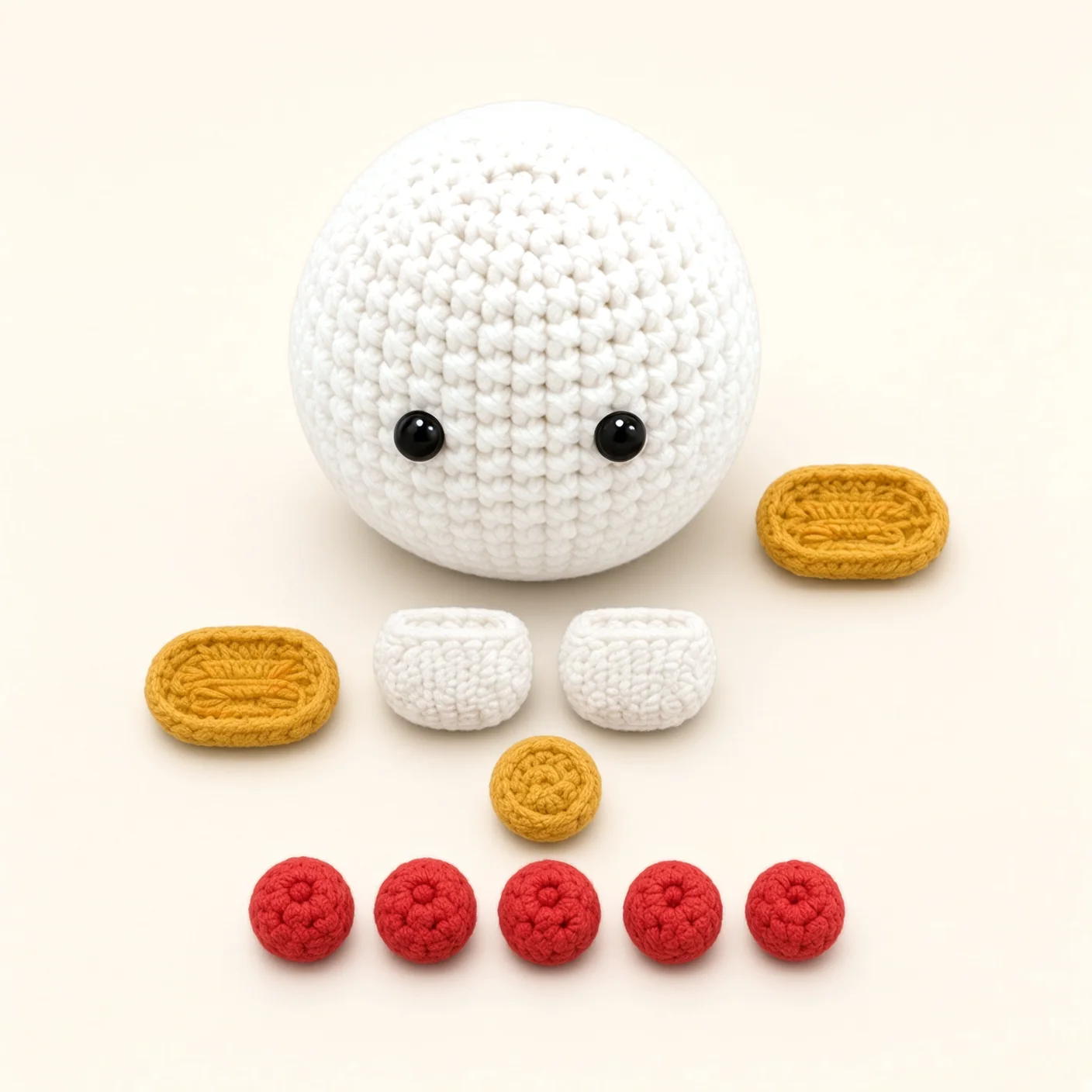 All the crocheted pieces of the Chicken amigurumi, laid out
