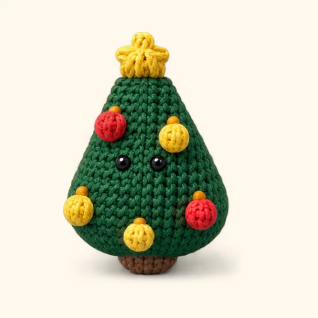Christmas tree crochet assembly: attach the yellow bauble (bottom center)