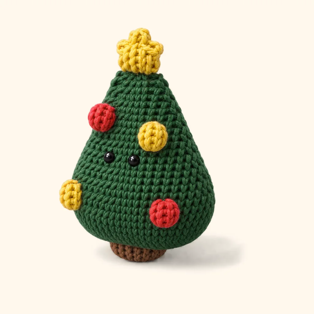Christmas tree crochet assembly: attach the red bauble (lower)
