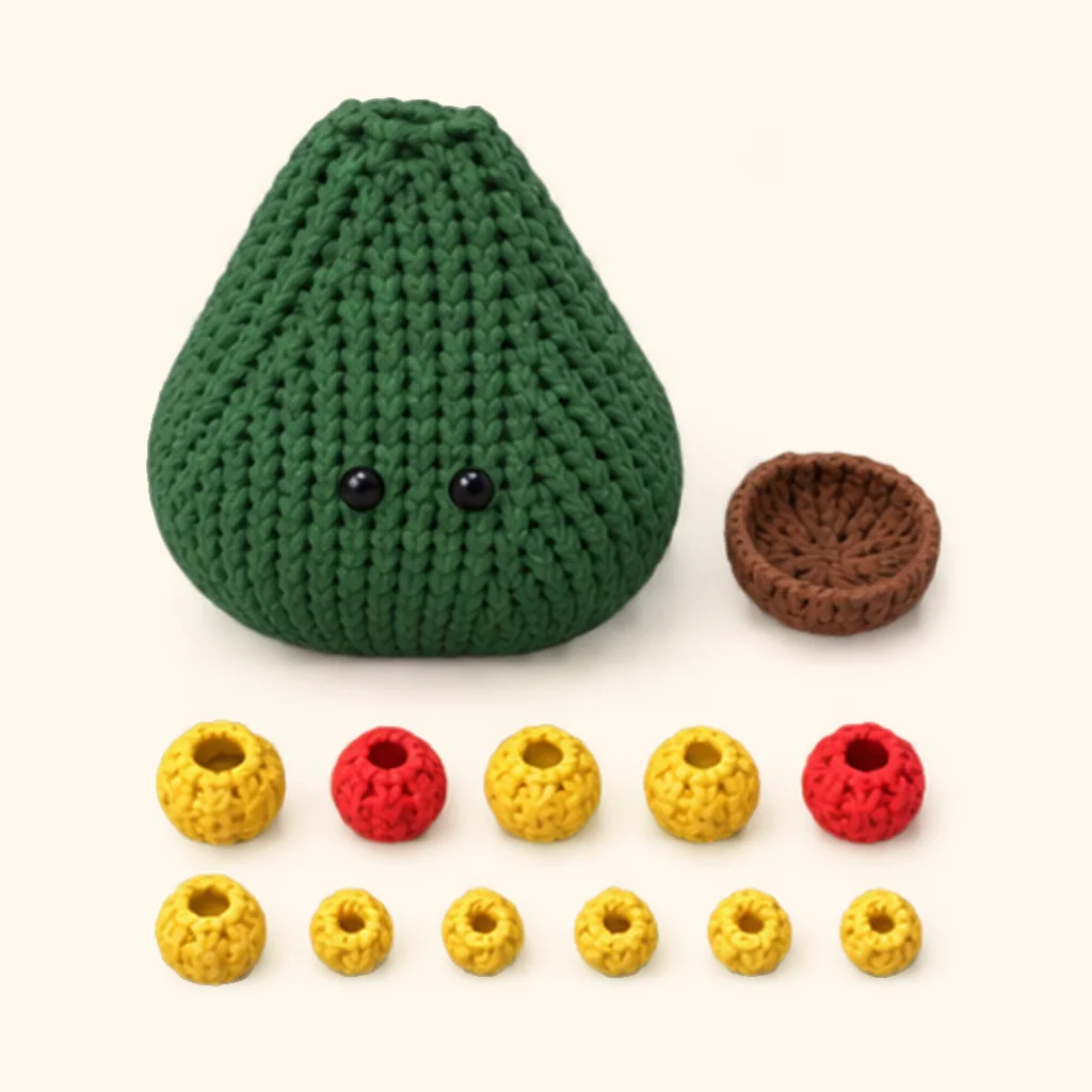 All the crocheted pieces of the Christmas tree amigurumi, laid out