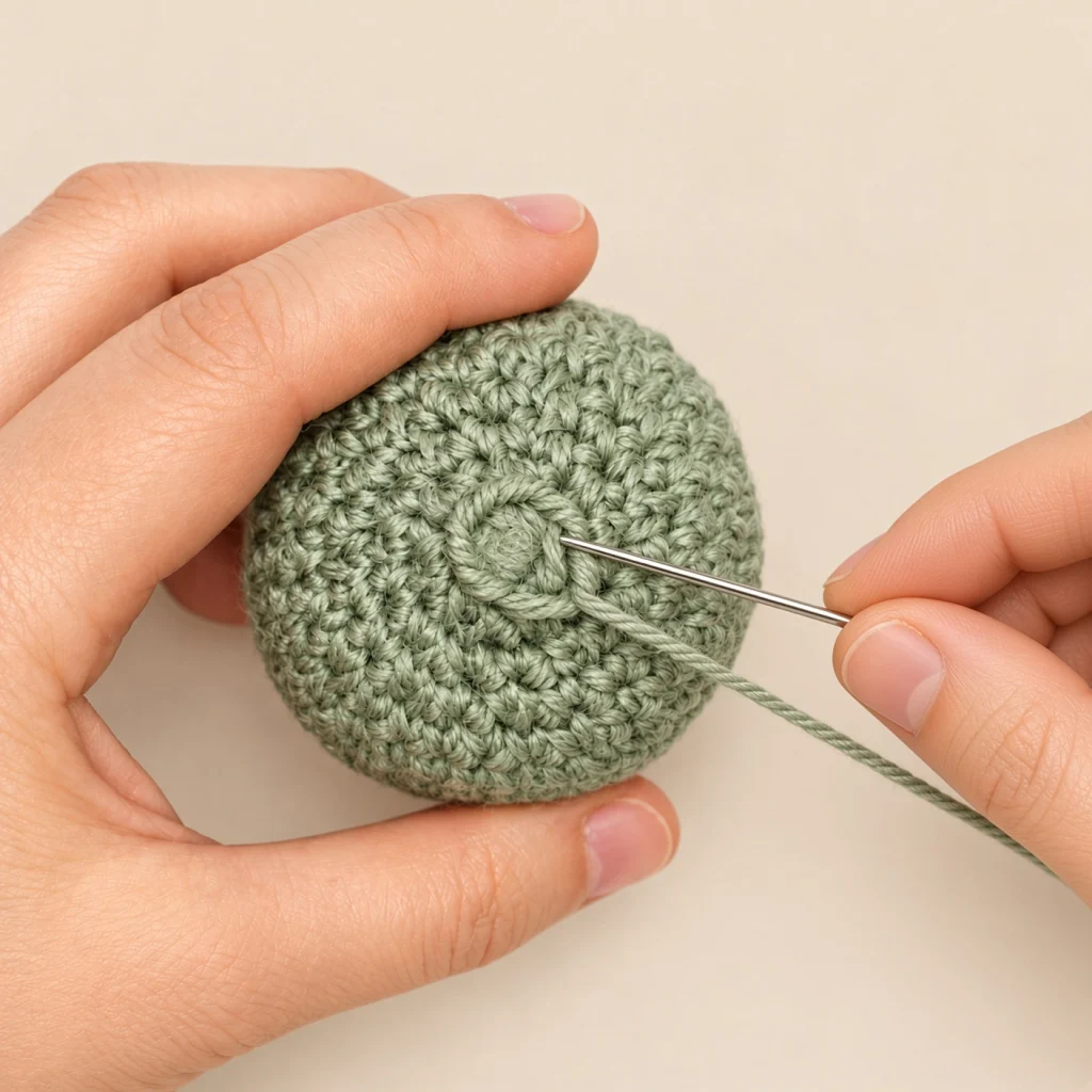 The yarn needle going through the front loops of the last stitches