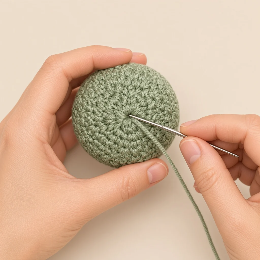 The last hole of an amigurumi piece pulled closed like a drawstring