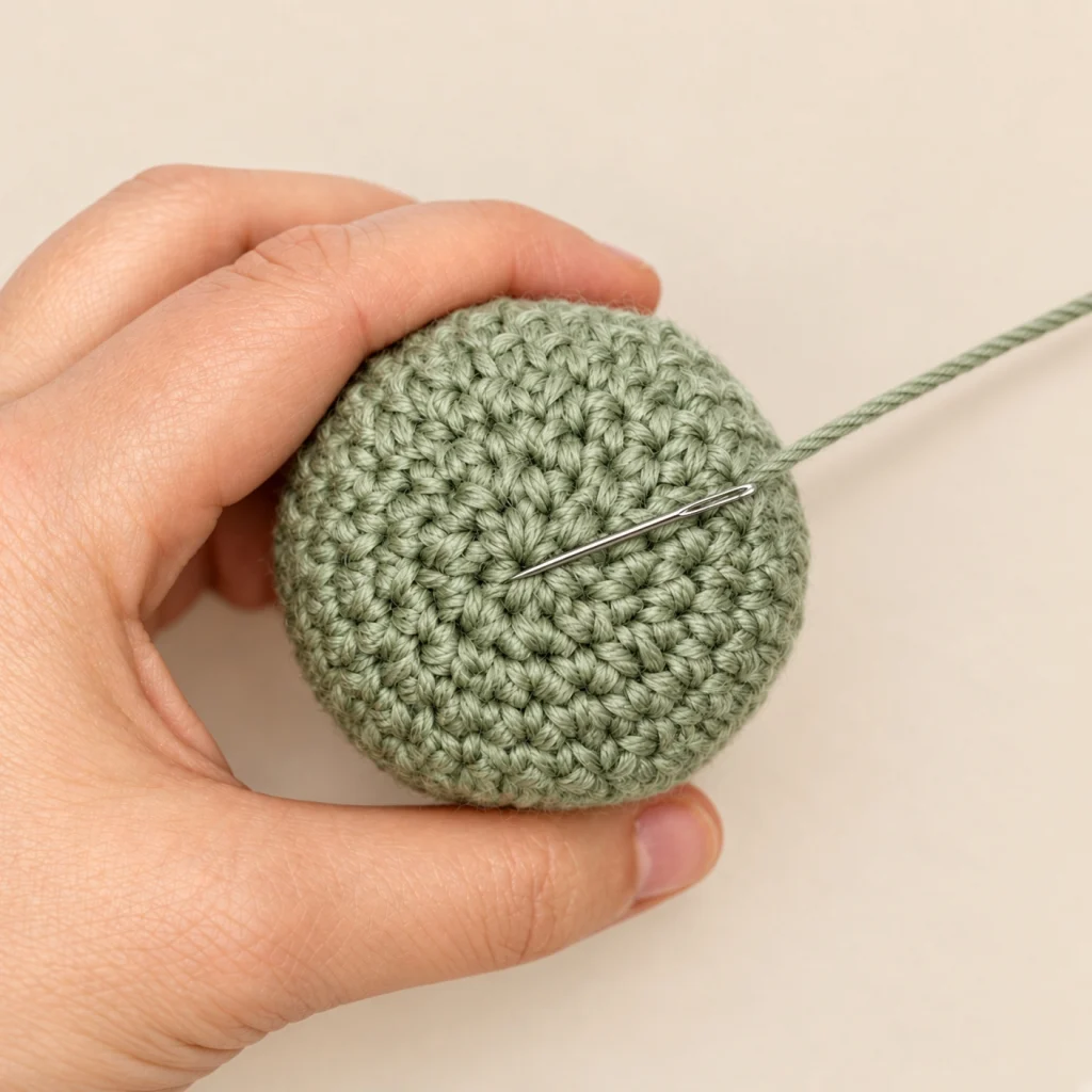 The threaded yarn needle pushed into the closed piece to hide the tail inside