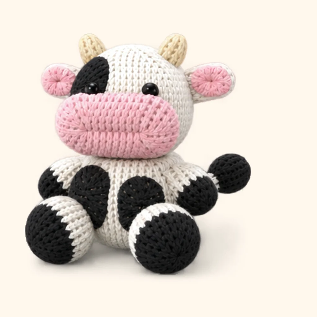 Cow crochet assembly: attach the front spot, toy's left