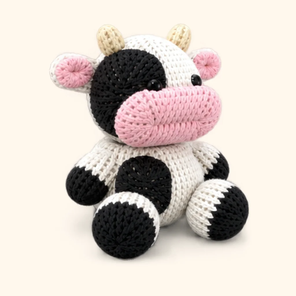 Cow crochet assembly: attach the front spot, toy's right