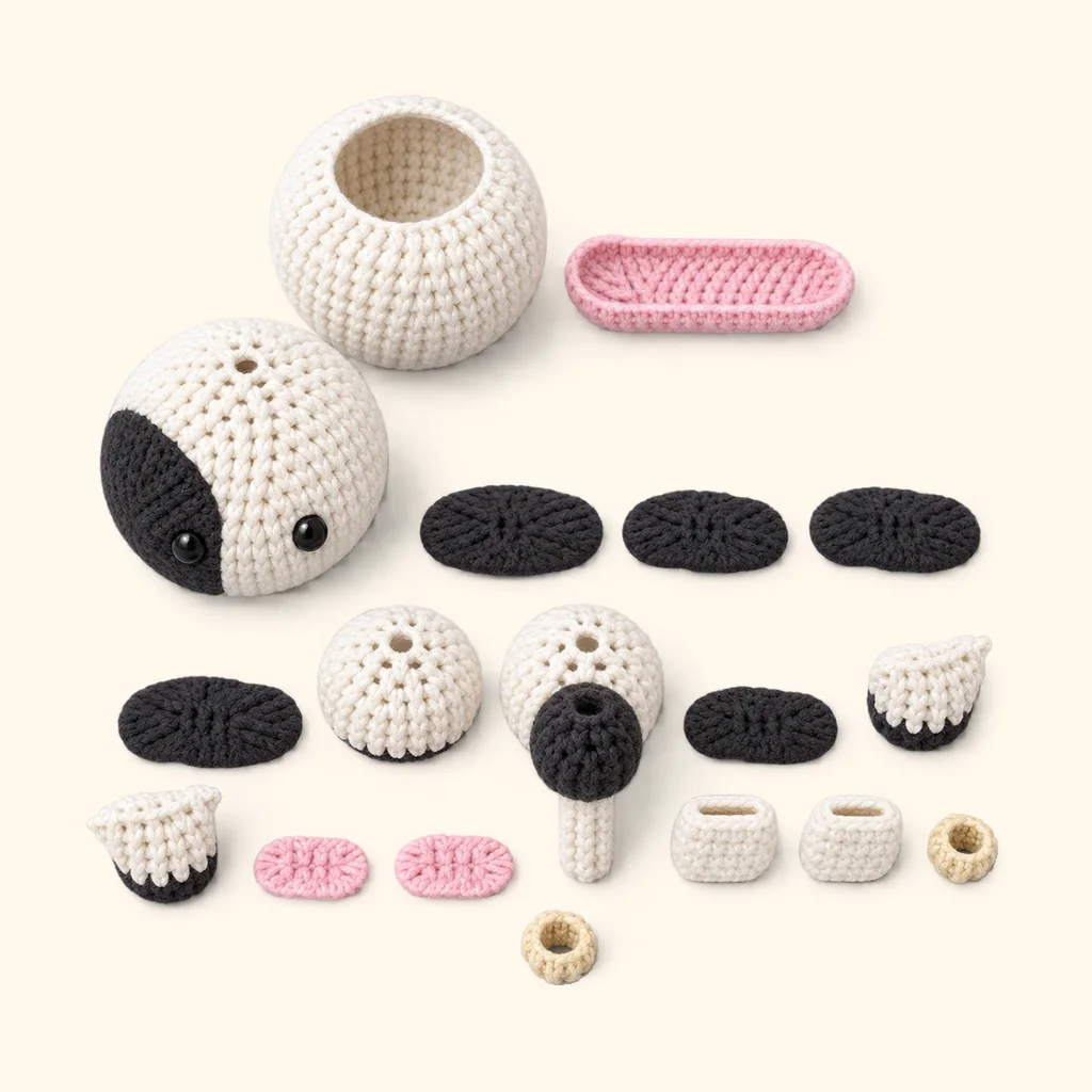 All the crocheted pieces of the Cow amigurumi, laid out