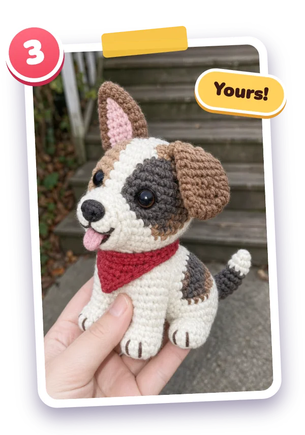 Step 3: the finished crochet dog held in a hand