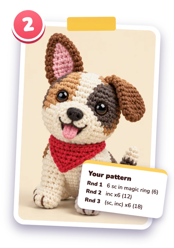 Step 2: the dog as a crochet toy, with the first rounds of its pattern
