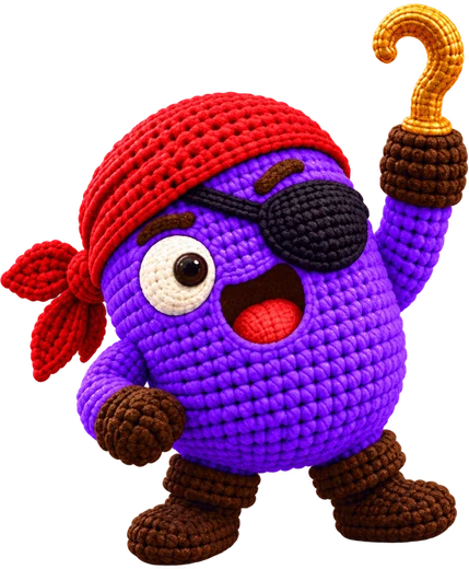 The Crochet Pirate mascot pointing