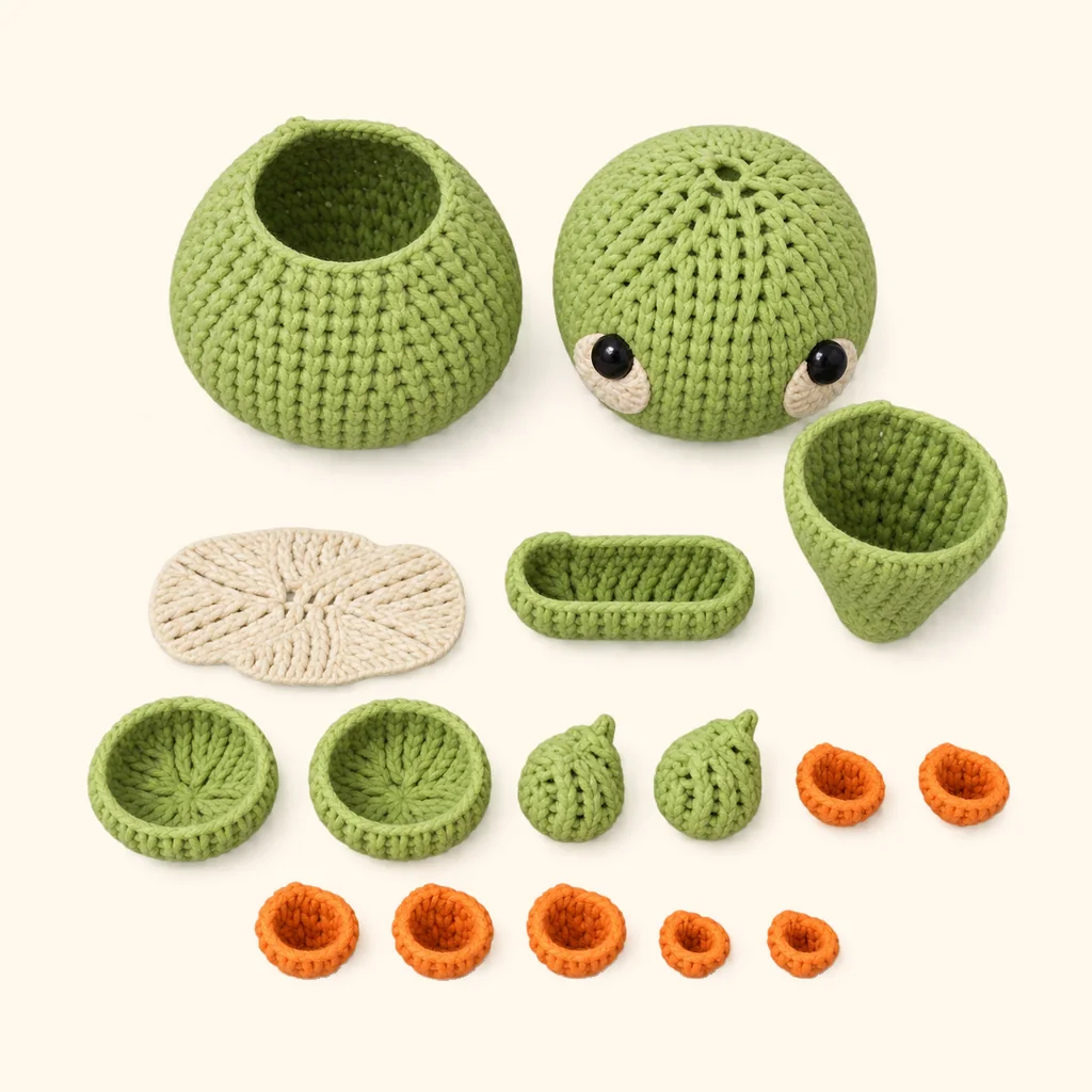 All the crocheted pieces of the Dinosaur amigurumi, laid out