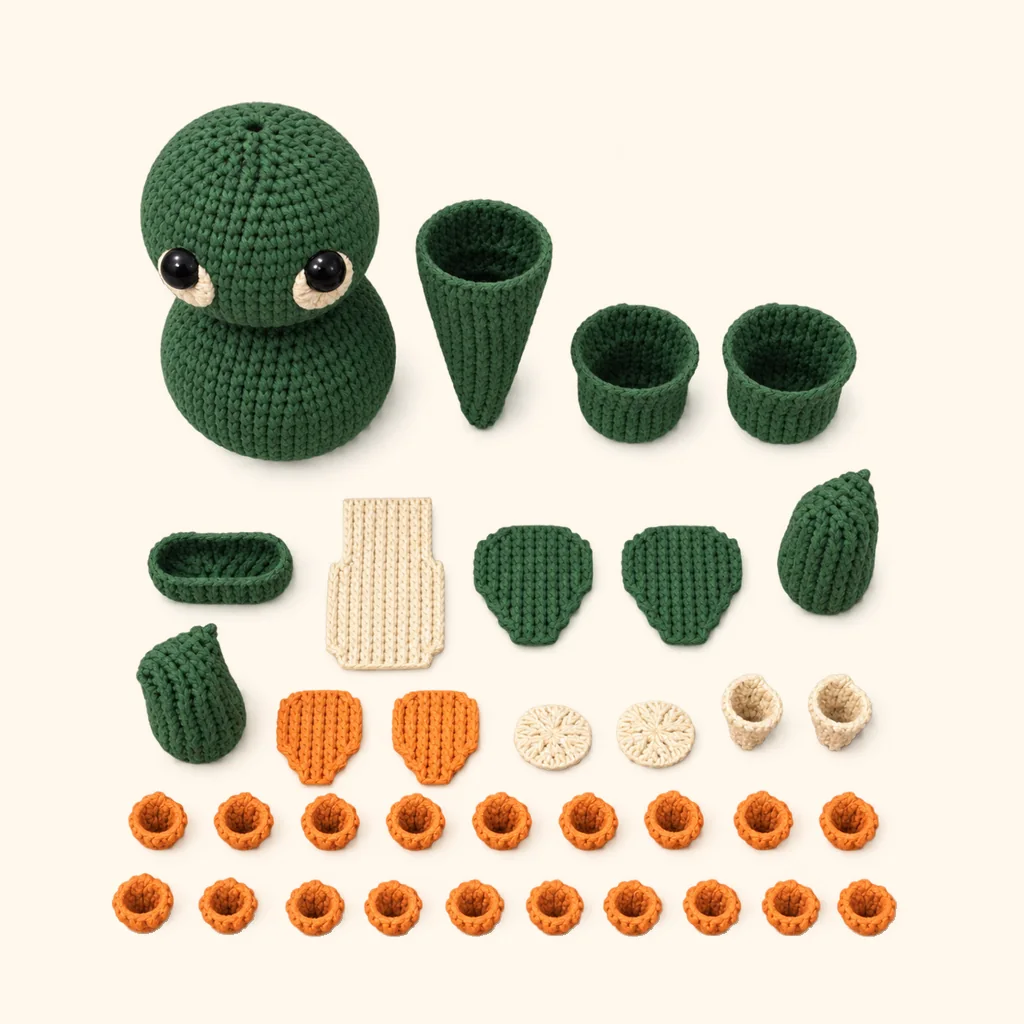 All the crocheted pieces of the Dragon amigurumi, laid out