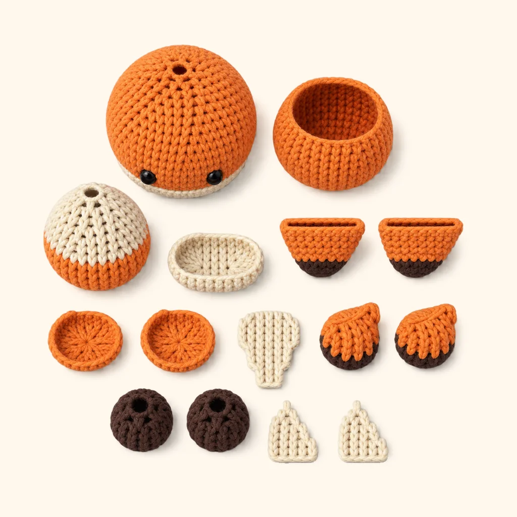 All the crocheted pieces of the Fox amigurumi, laid out