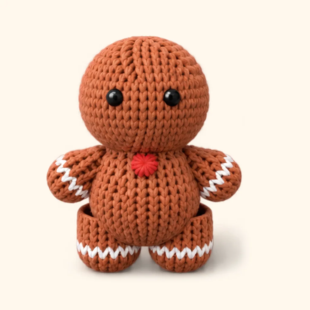 Gingerbread man crochet assembly: attach the top button (red)