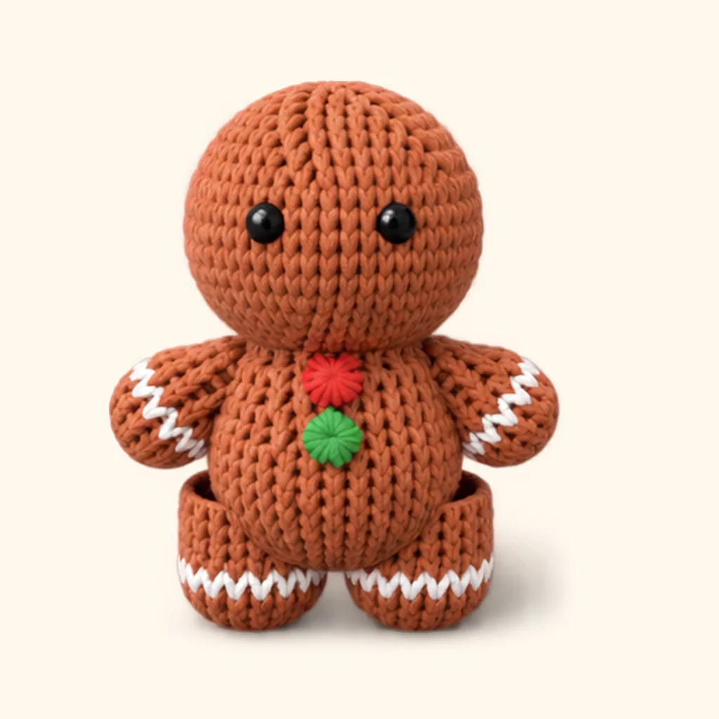 Gingerbread man crochet assembly: attach the middle button (green)