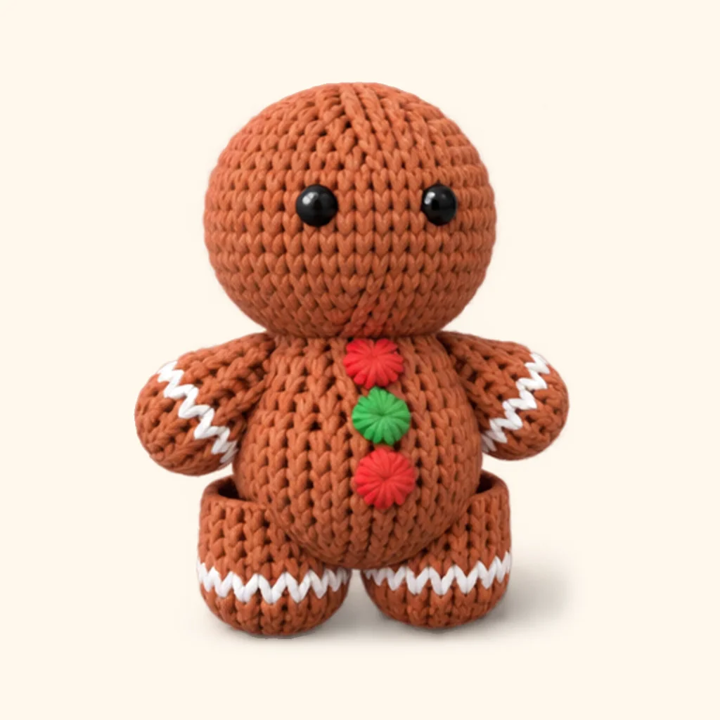 Gingerbread man crochet assembly: attach the bottom button (red)