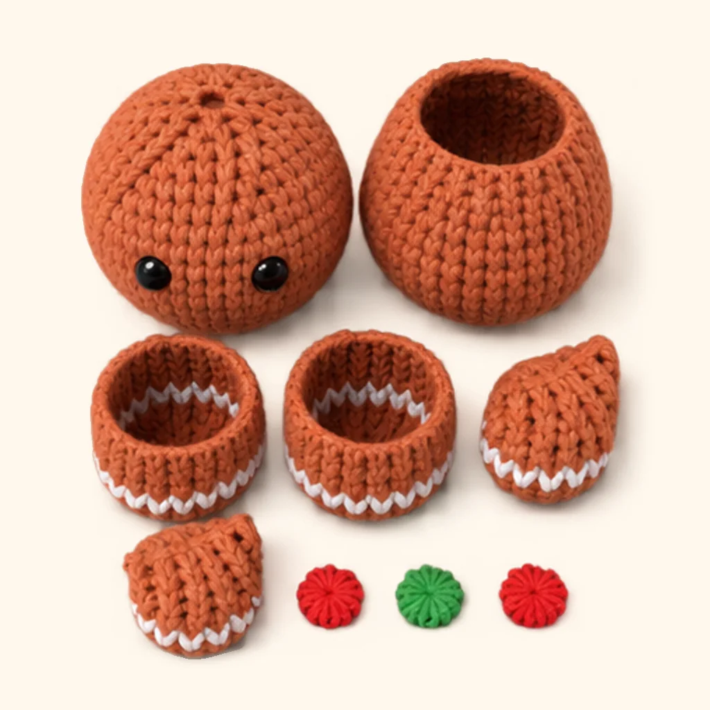 All the crocheted pieces of the Gingerbread man amigurumi, laid out