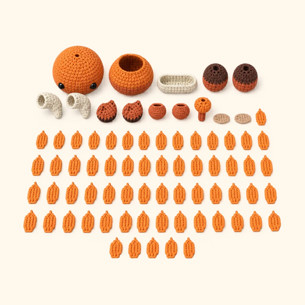 All the crocheted pieces of the Highland cow amigurumi, laid out
