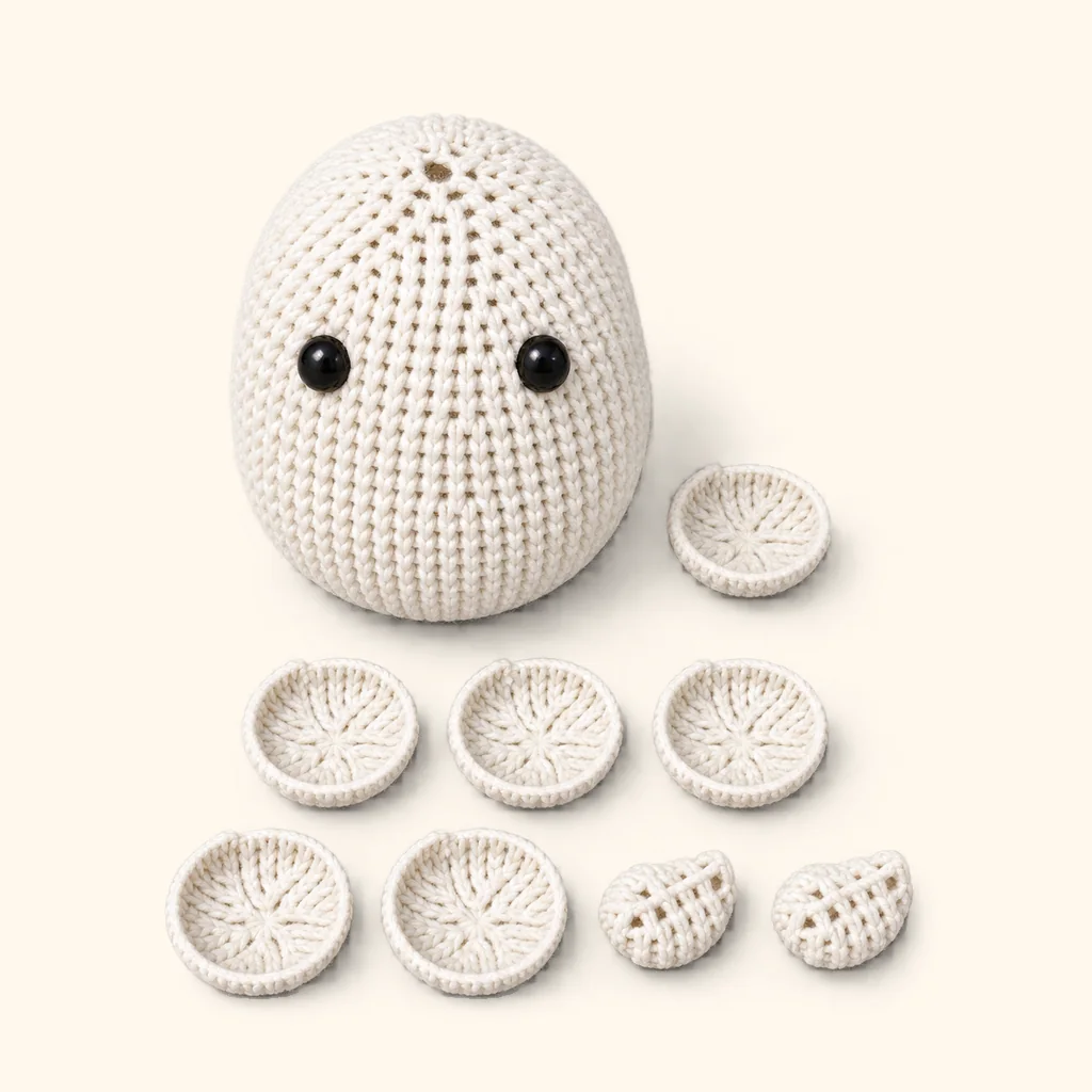 All the crocheted pieces of the Kawaii ghost amigurumi, laid out