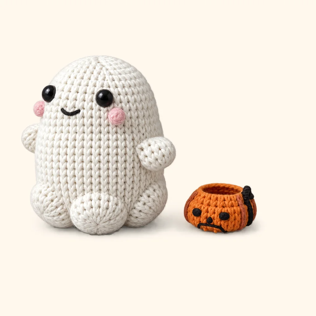 Kawaii ghost amigurumi with its crocheted pumpkin bucket
