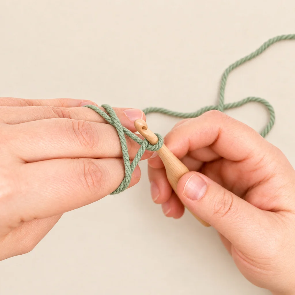 A crochet hook under the yarn loop, catching the working yarn to pull it through