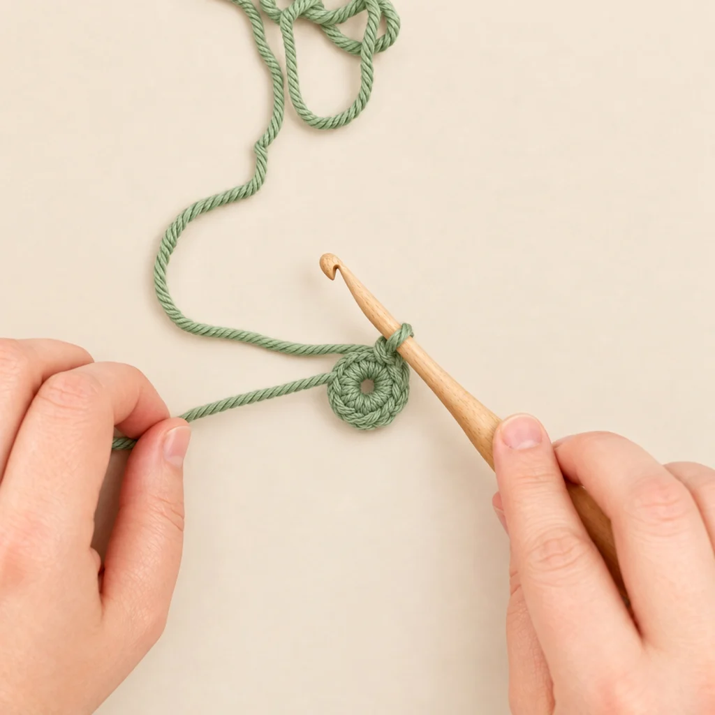 A round of single crochet worked into a magic ring, the hook in the last stitch and the tail ready to pull