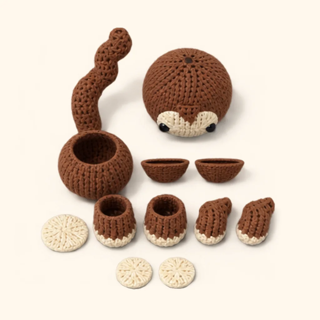 All the crocheted pieces of the Monkey amigurumi, laid out