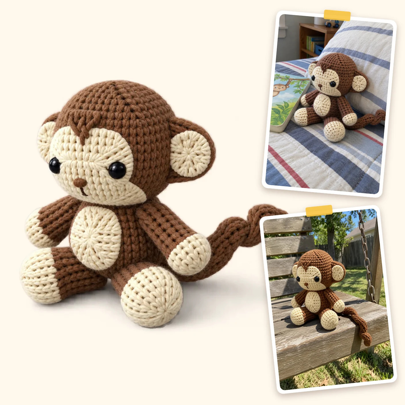 Monkey free amigurumi crochet pattern, with two more pictures of the finished toy