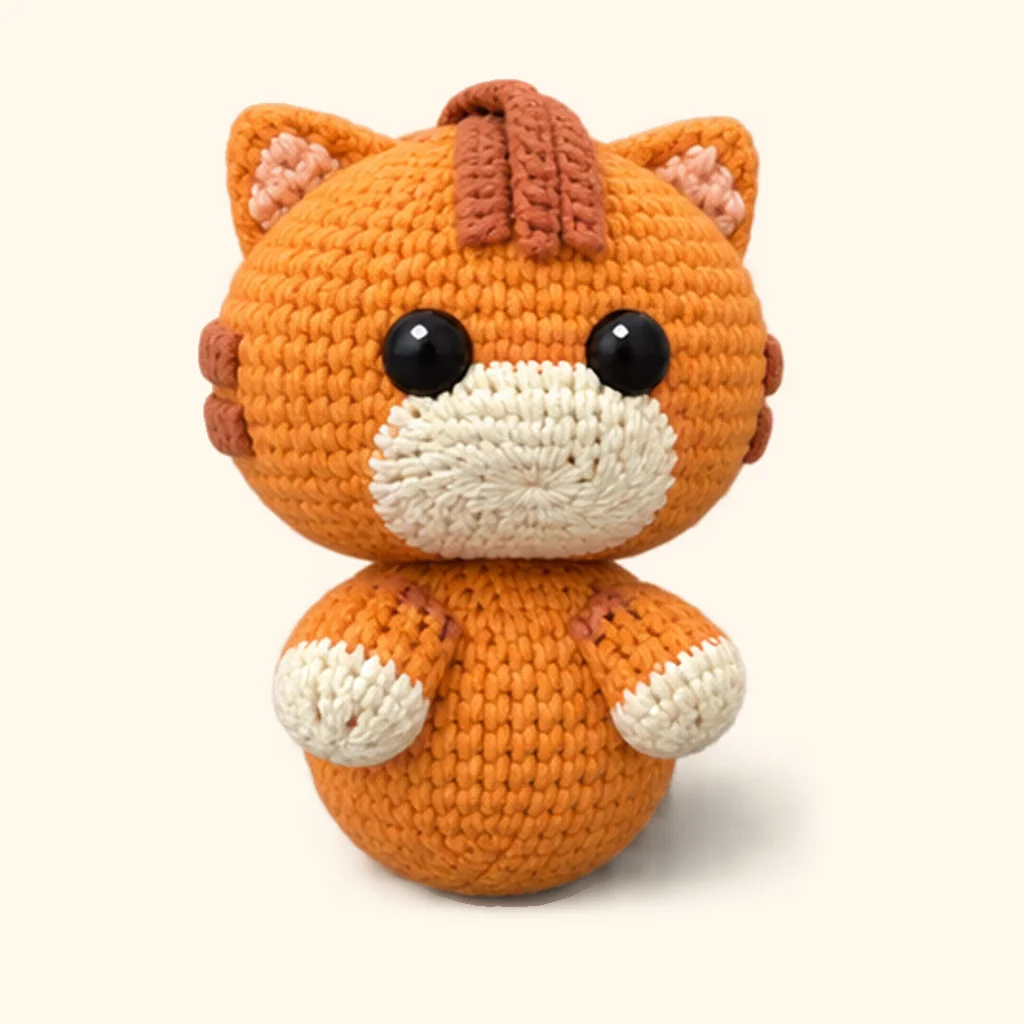 Orange tabby kitten crochet assembly: attach the arms