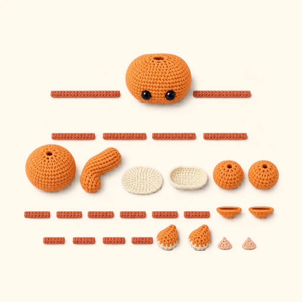 All the crocheted pieces of the Orange tabby kitten amigurumi, laid out