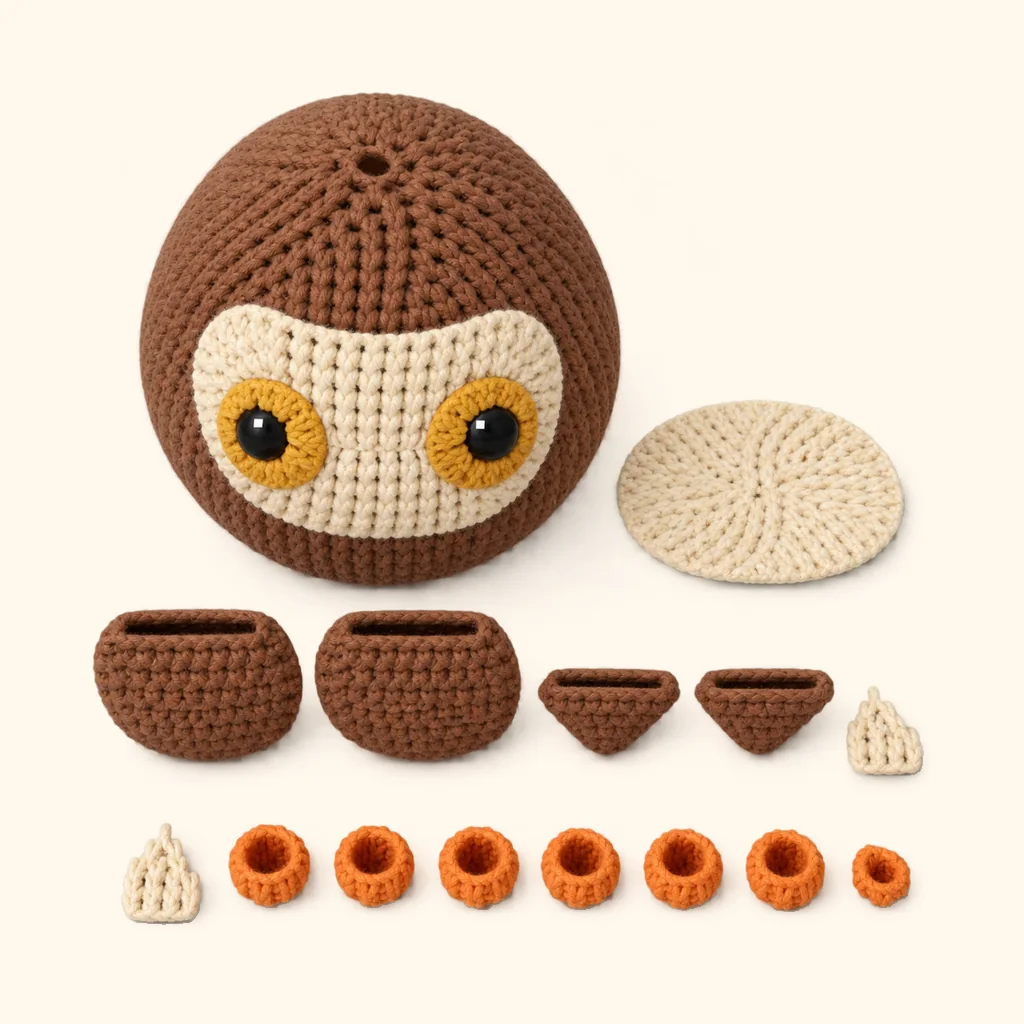 All the crocheted pieces of the Owl amigurumi, laid out