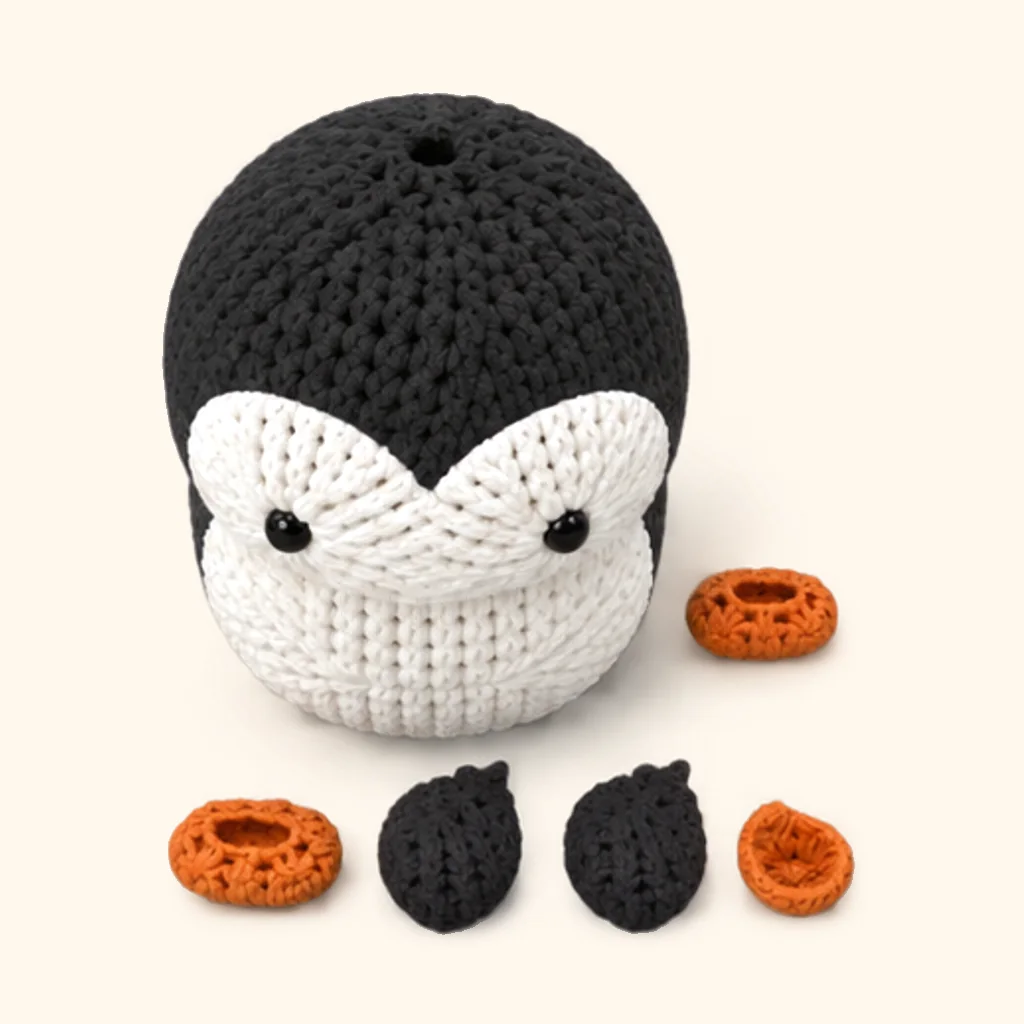 All the crocheted pieces of the Penguin amigurumi, laid out