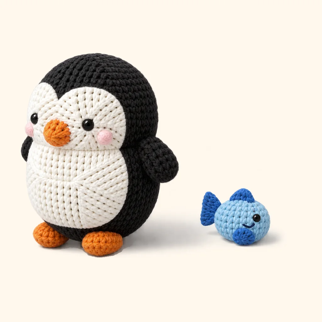 Penguin amigurumi with its crocheted fish