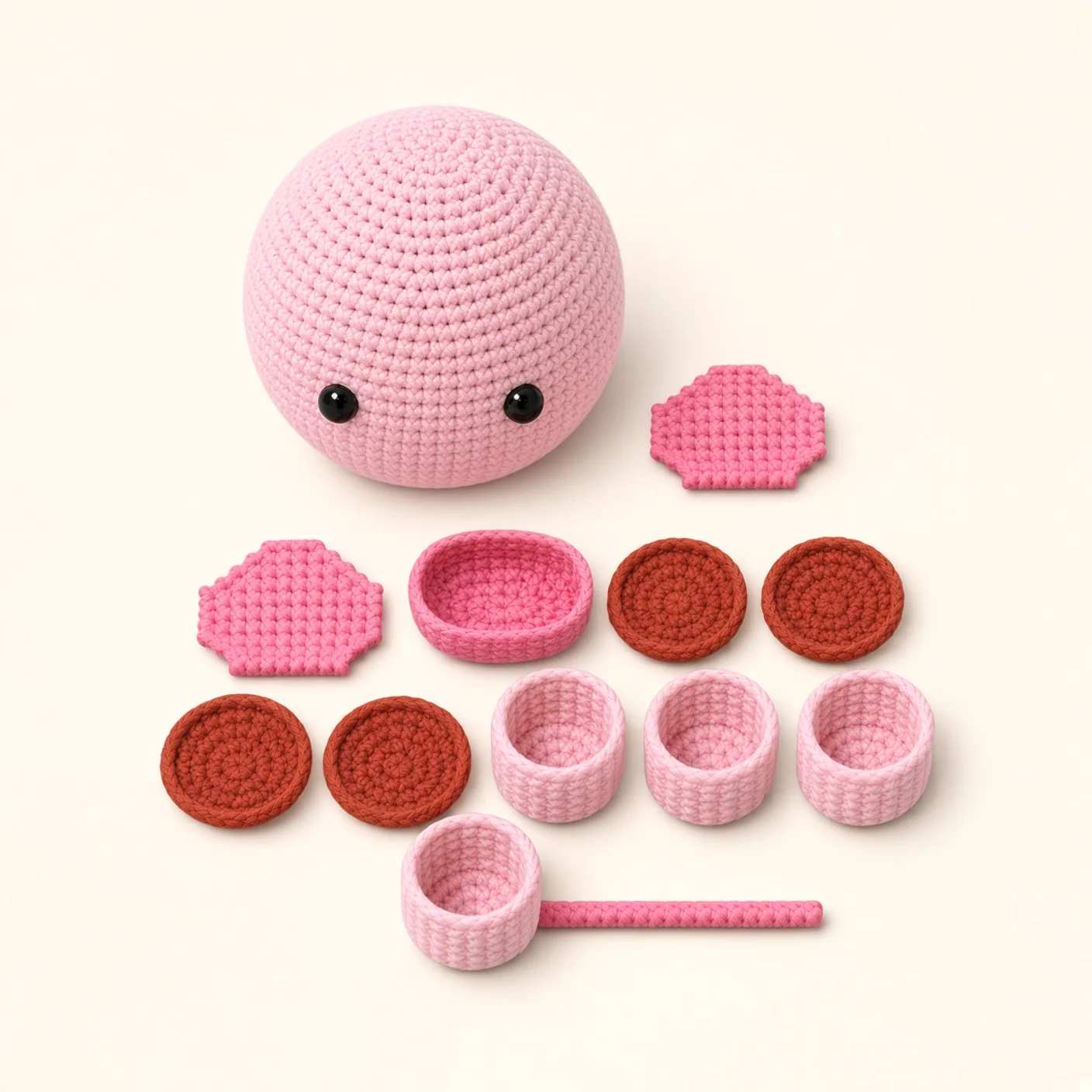All the crocheted pieces of the Pig amigurumi, laid out