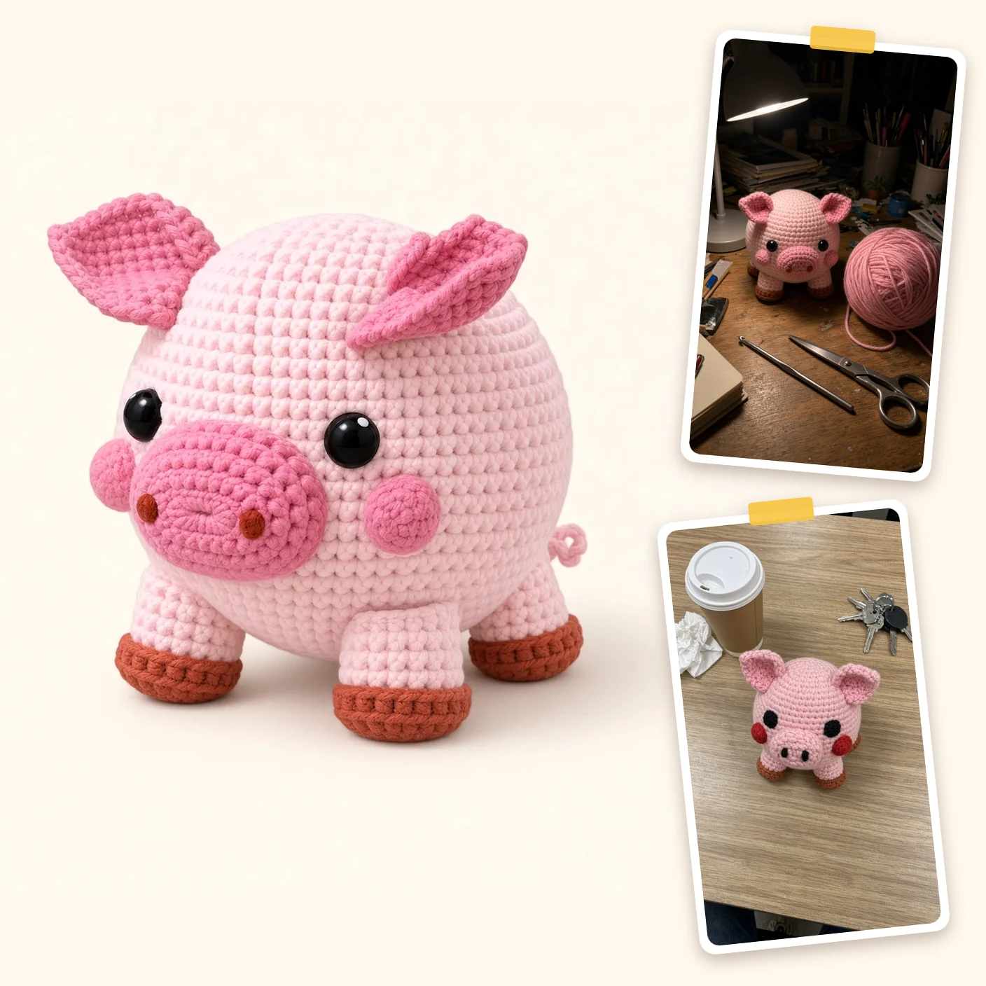Pig free amigurumi crochet pattern, with two more pictures of the finished toy