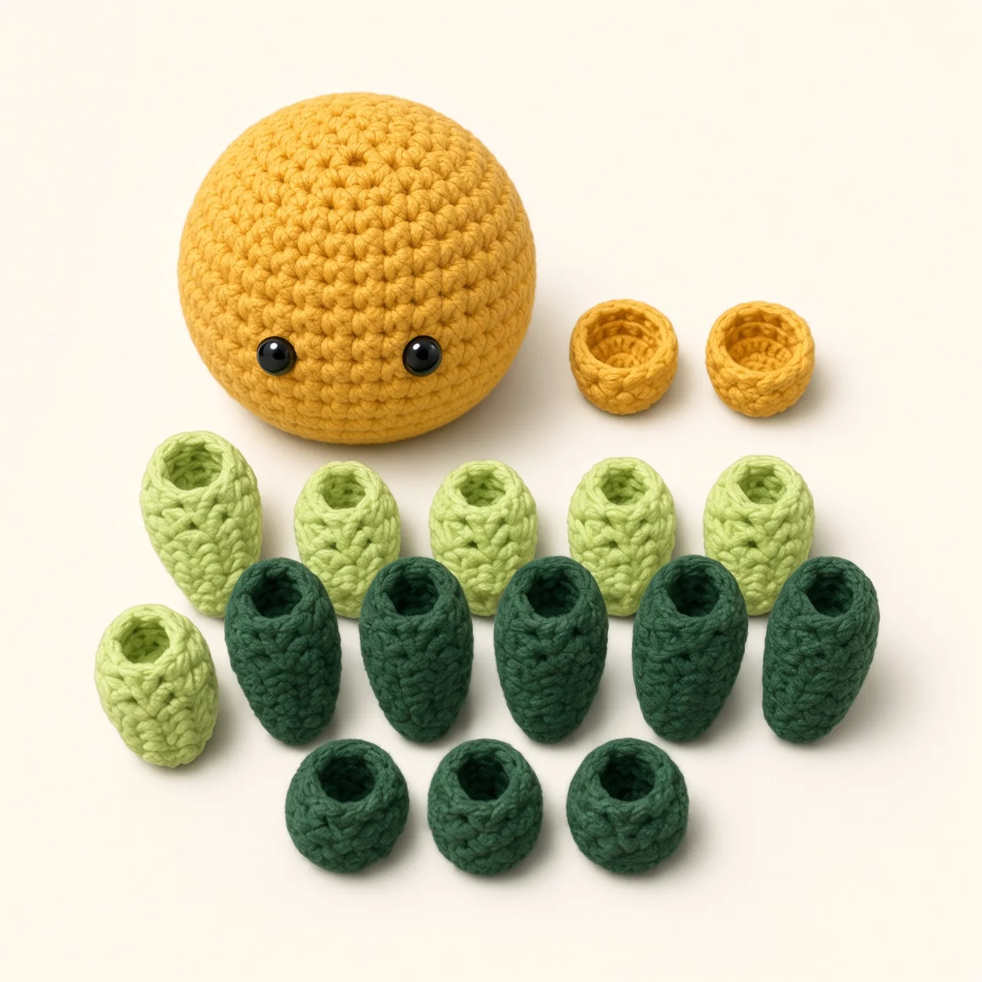 All the crocheted pieces of the Pineapple amigurumi, laid out
