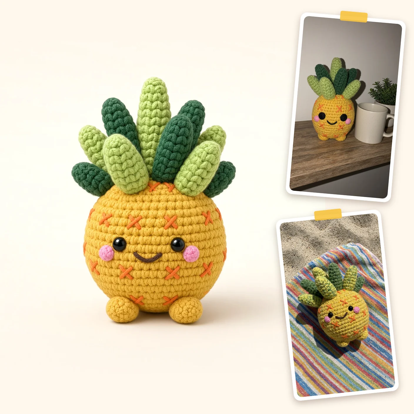Pineapple free amigurumi crochet pattern, with two more pictures of the finished toy