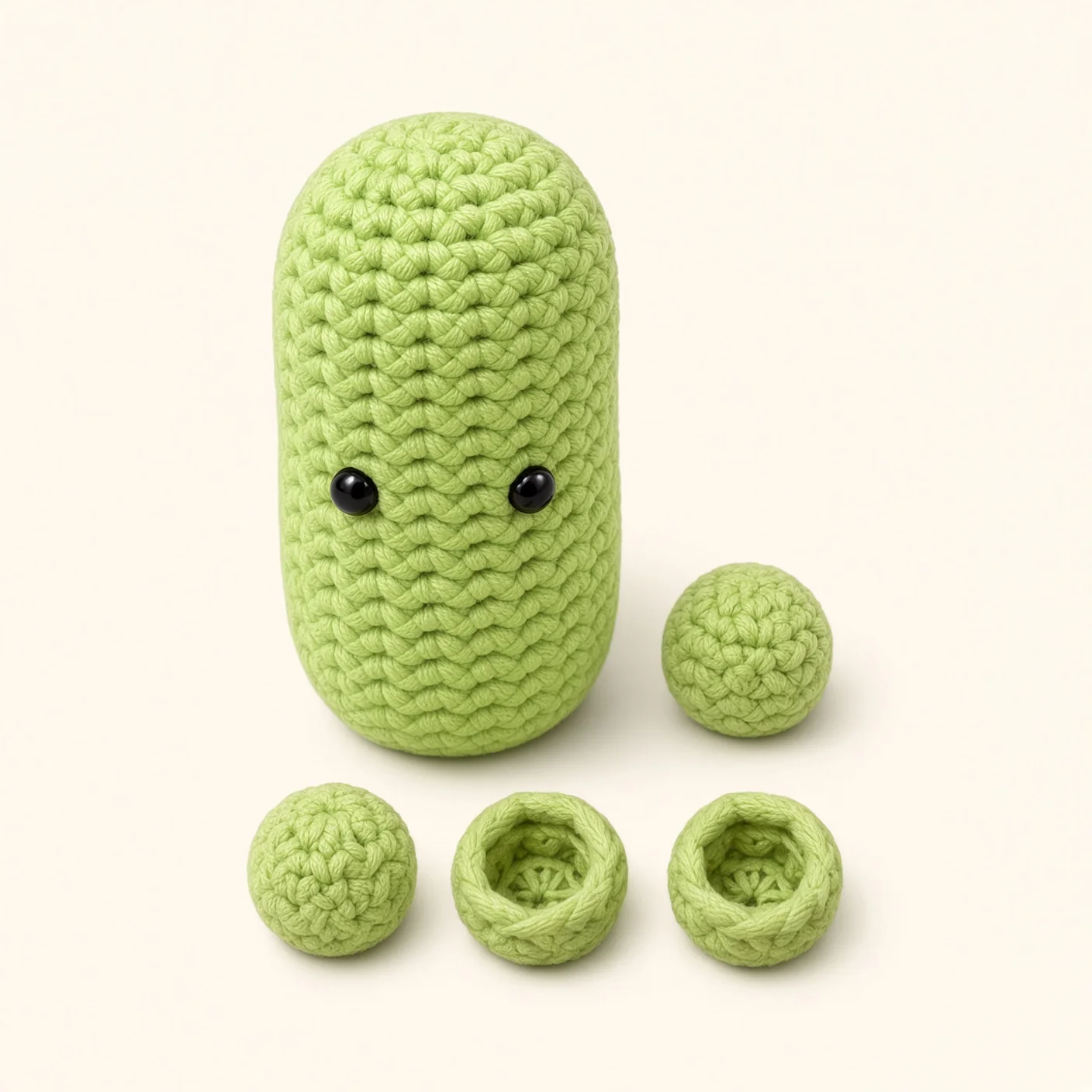 All the crocheted pieces of the Positive pickle amigurumi, laid out