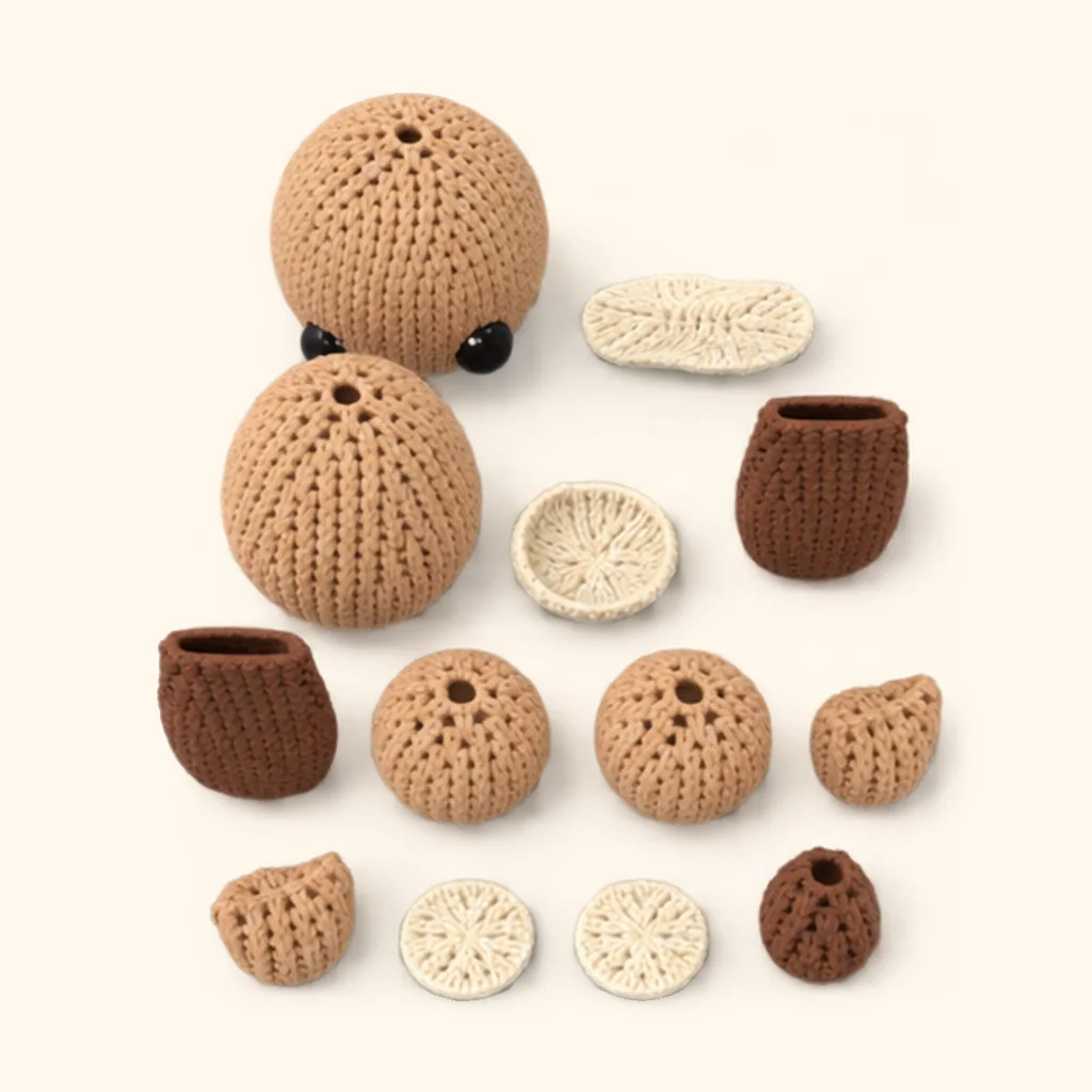 All the crocheted pieces of the Puppy dog amigurumi, laid out