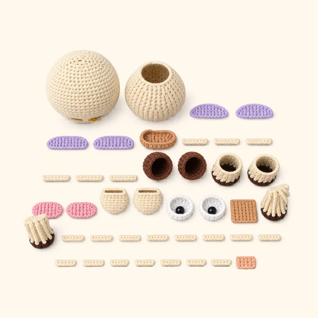 All the crocheted pieces of the Rogue goat amigurumi, laid out