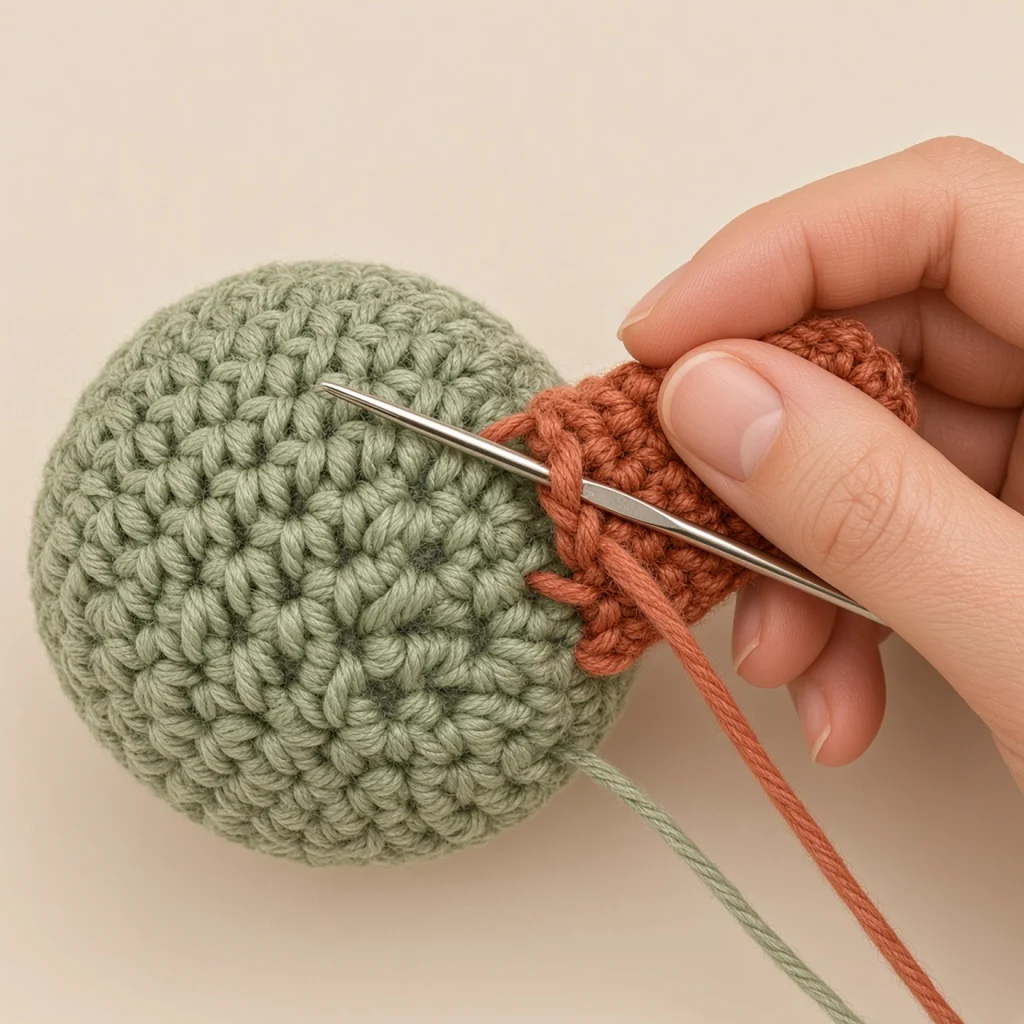 A yarn needle going under an edge stitch and into the larger piece right beside it