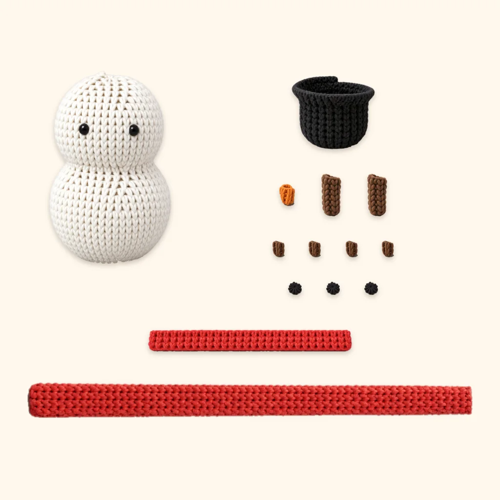 All the crocheted pieces of the Snowman amigurumi, laid out