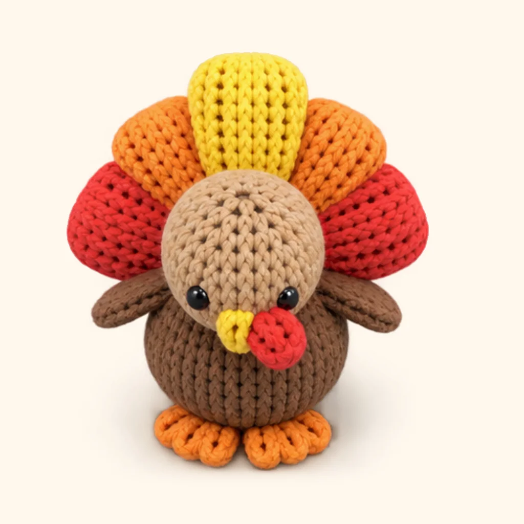 Turkey crochet assembly: sew the yellow feather crease, back
